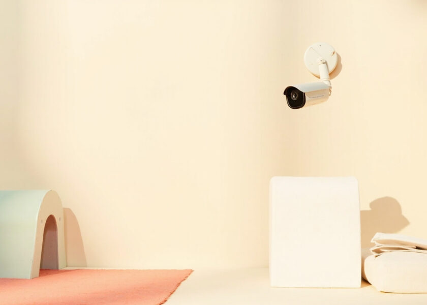 A wall-mounted security camera overlooks a sparse cream play area with a mint arch, white block and folded linens.