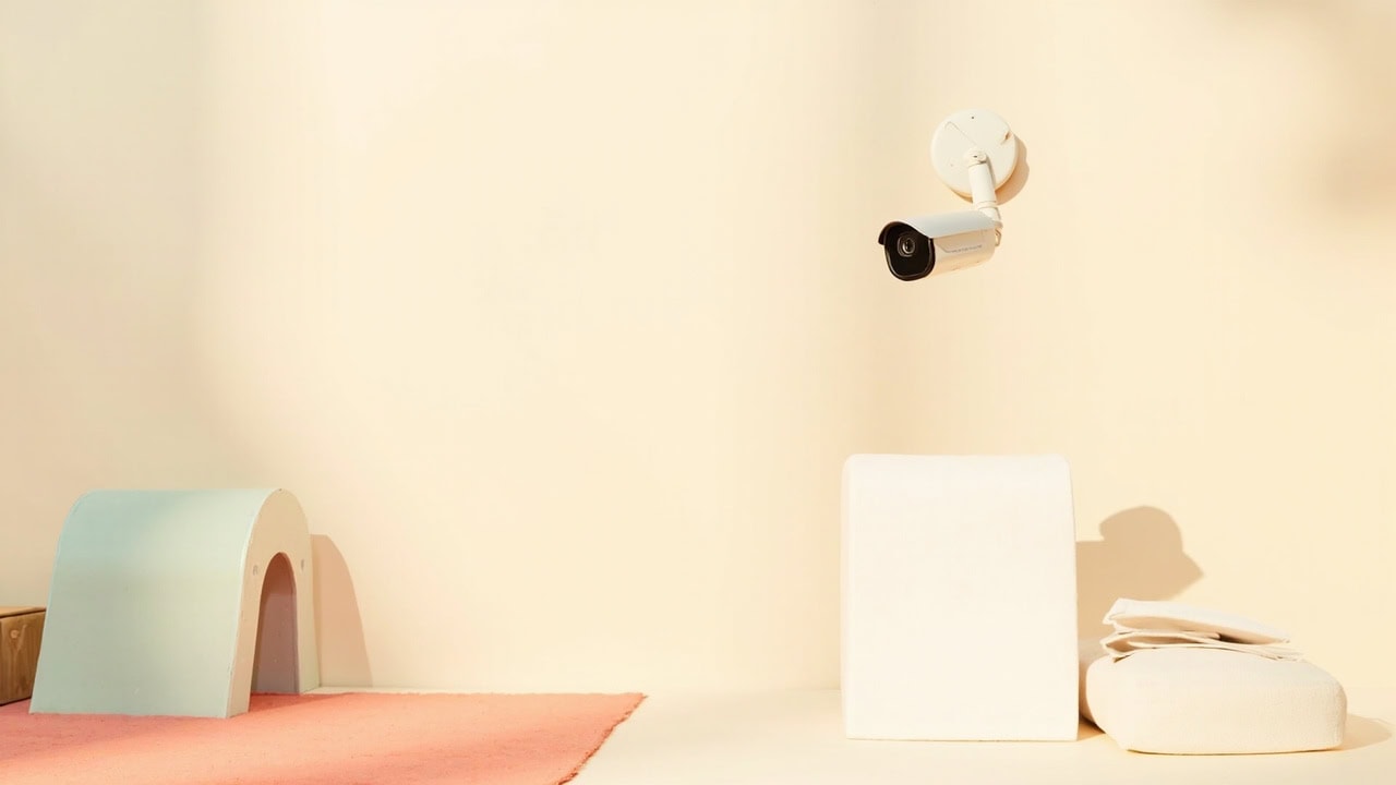 A wall-mounted security camera overlooks a sparse cream play area with a mint arch, white block and folded linens.
