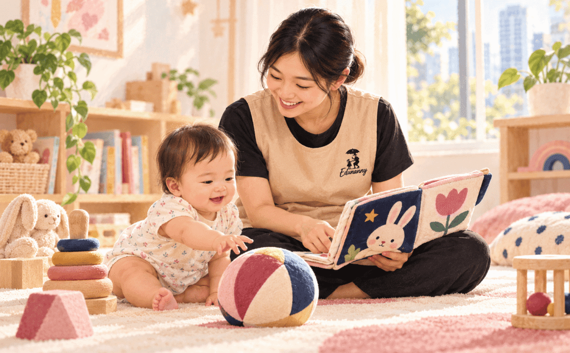 Conceptual illustration of an EduNanny childminder in the branded beige uniform sharing a cloth book with an infant who explores a soft ball.