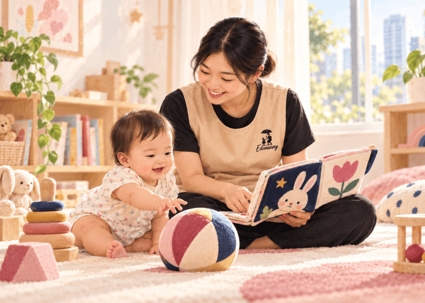 Conceptual illustration of an EduNanny childminder in the branded beige uniform sharing a cloth book with an infant who explores a soft ball.