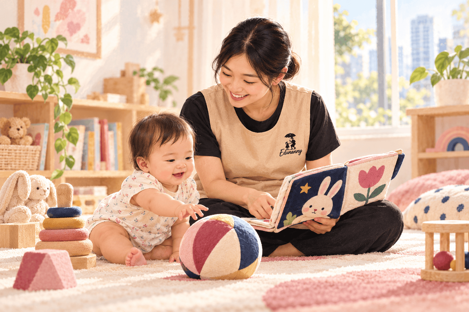 Conceptual illustration of an EduNanny childminder in the branded beige uniform sharing a cloth book with an infant who explores a soft ball.