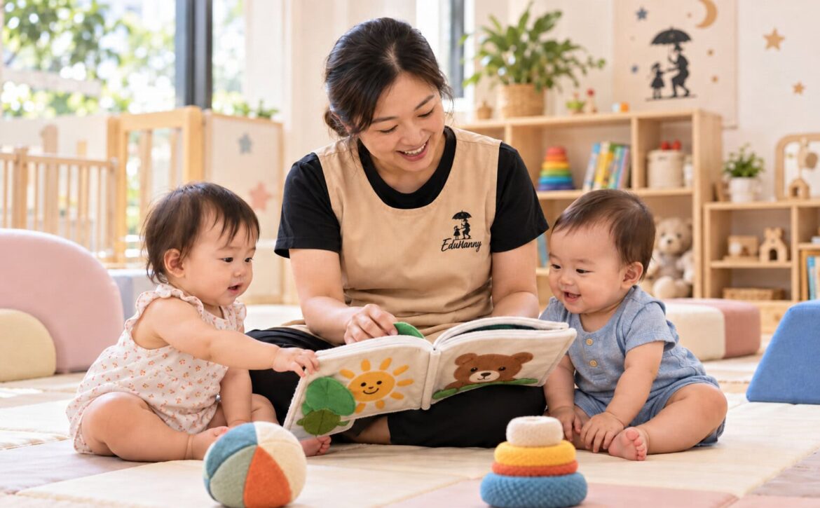 Illustrative scene of an EduNanny childminder sharing a book with infants in a bright community care room