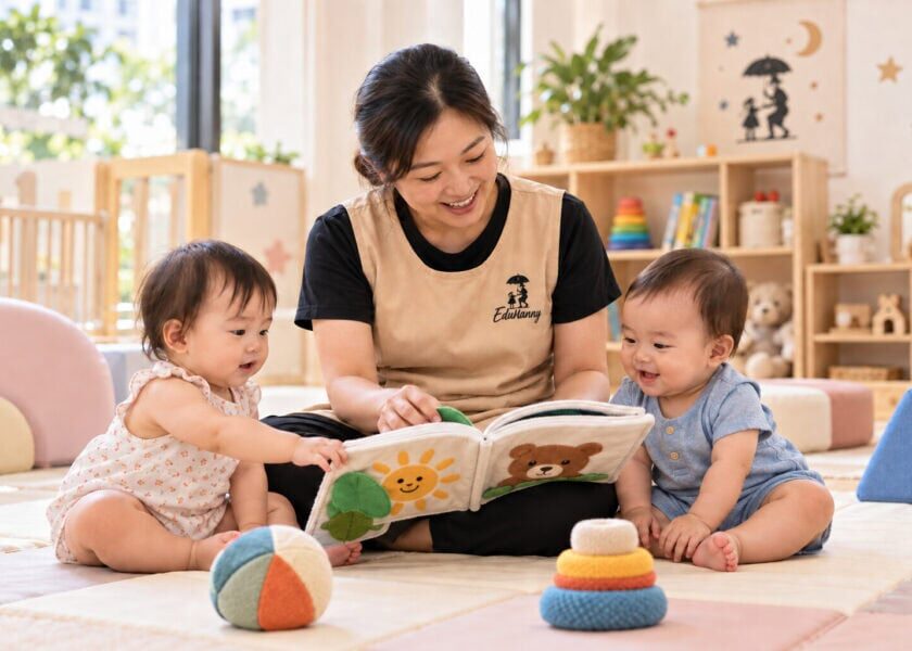Illustrative scene of an EduNanny childminder sharing a book with infants in a bright community care room