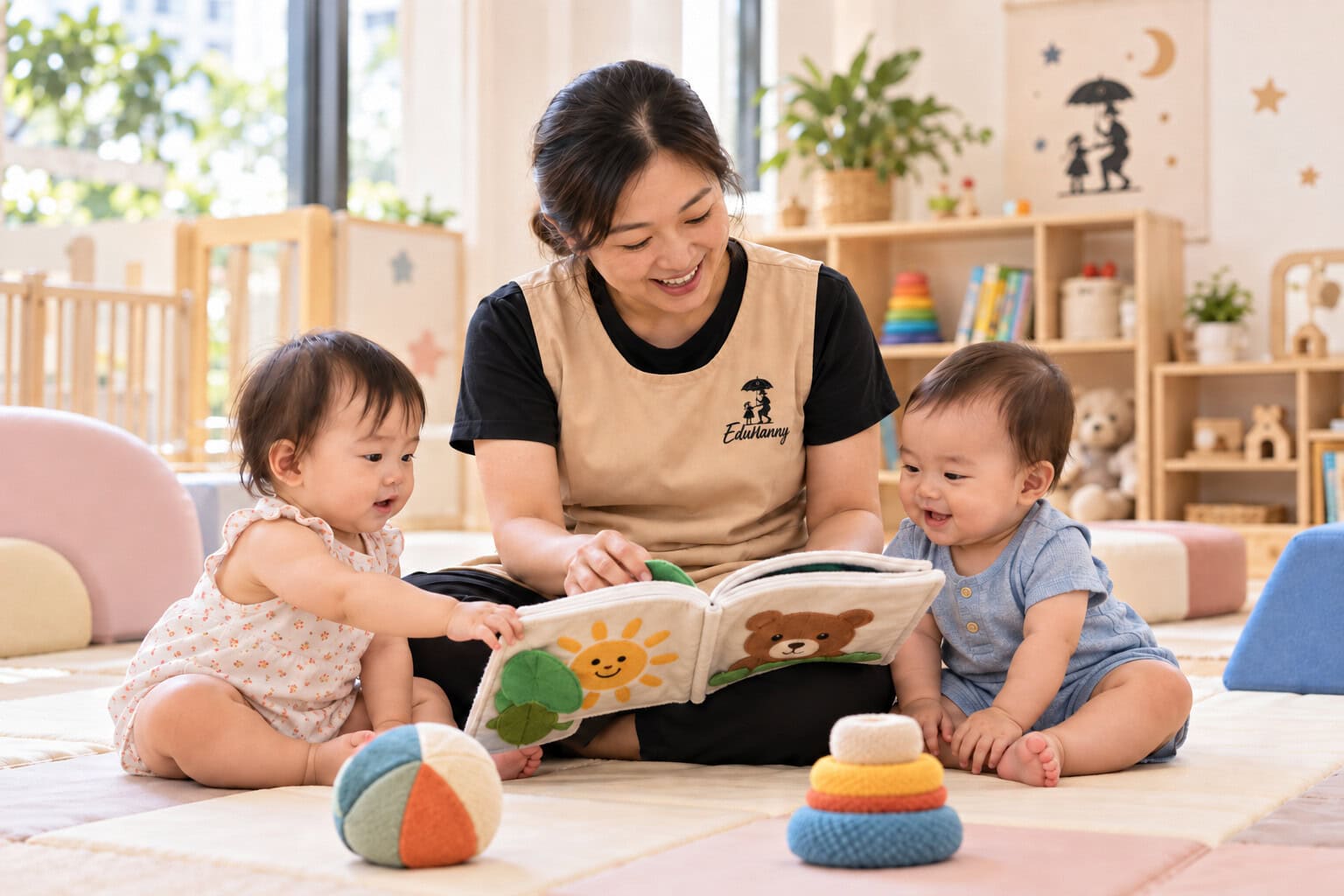 Illustrative scene of an EduNanny childminder sharing a book with infants in a bright community care room