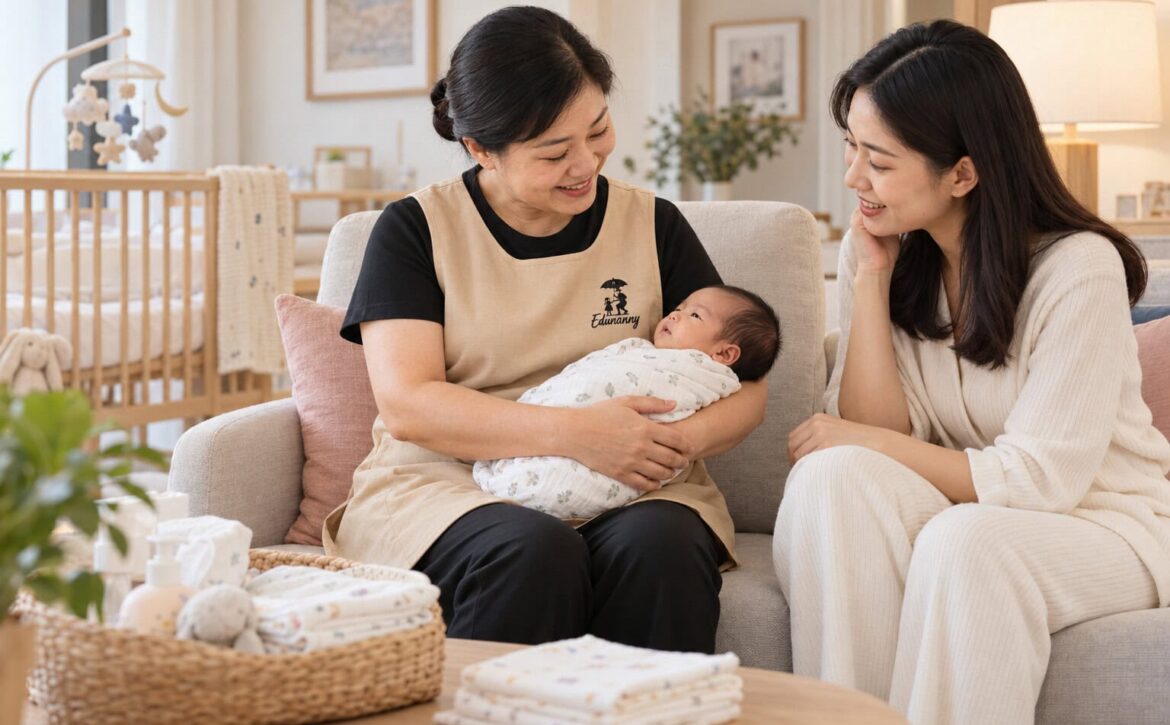 Illustrative scene of an EduNanny confinement nanny supporting a newborn while speaking with a mother at home
