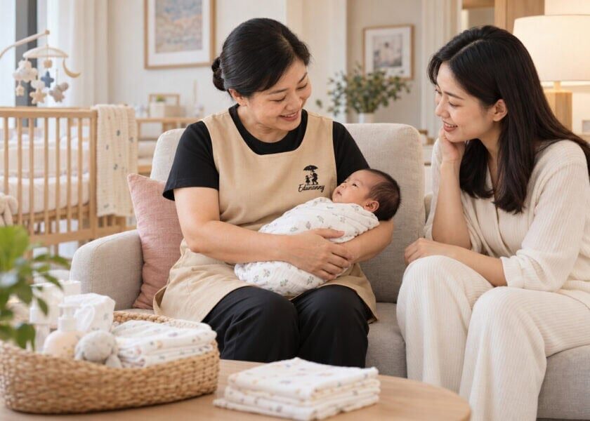 Illustrative scene of an EduNanny confinement nanny supporting a newborn while speaking with a mother at home