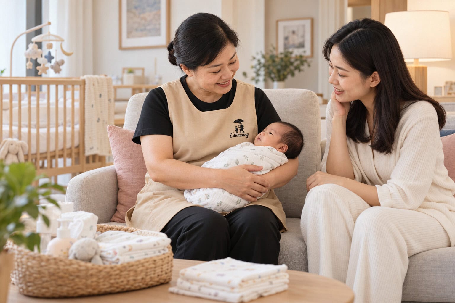 Illustrative scene of an EduNanny confinement nanny supporting a newborn while speaking with a mother at home