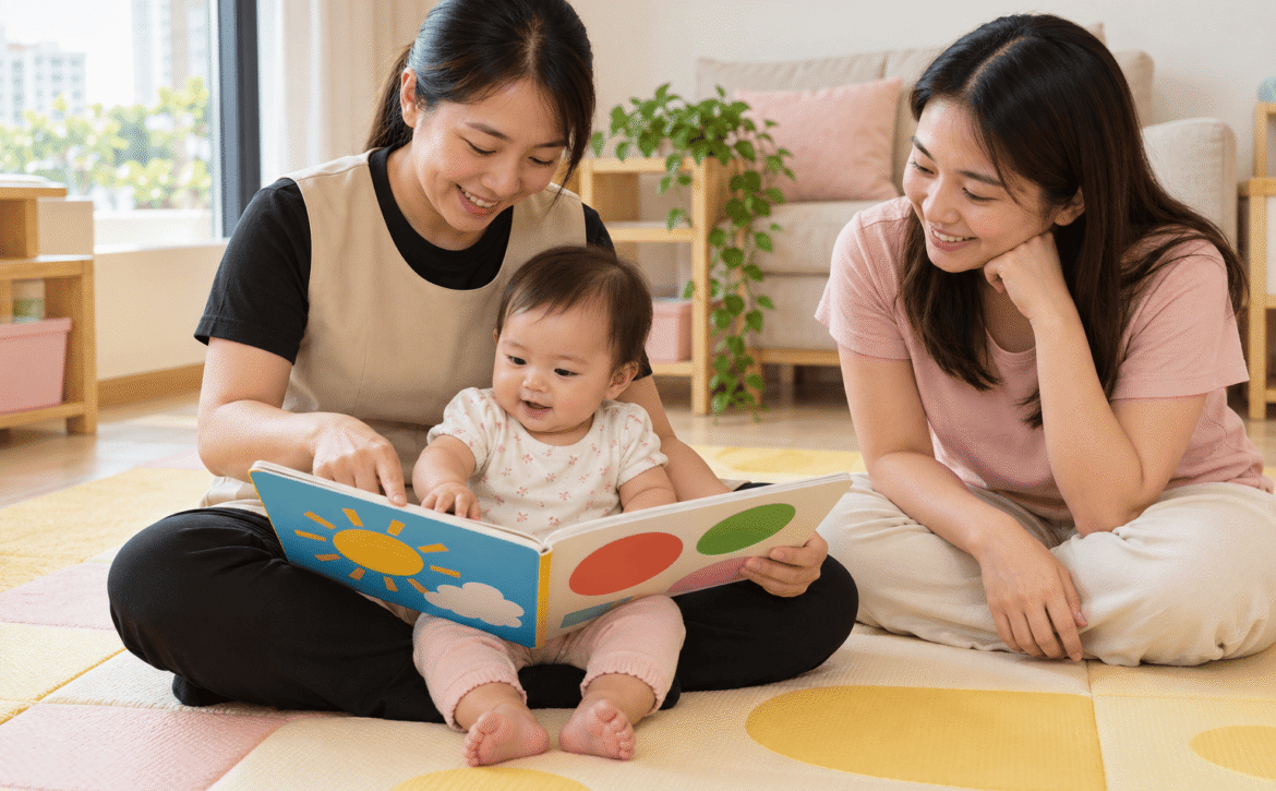 AI illustration of a childminder in a beige tunic over black short sleeves sharing a board book with an infant while a parent sits nearby