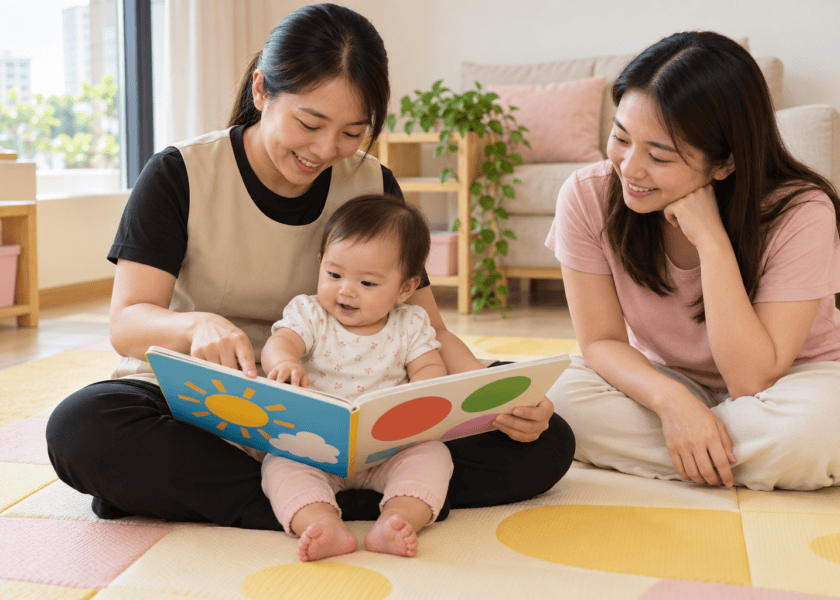 AI illustration of a childminder in a beige tunic over black short sleeves sharing a board book with an infant while a parent sits nearby