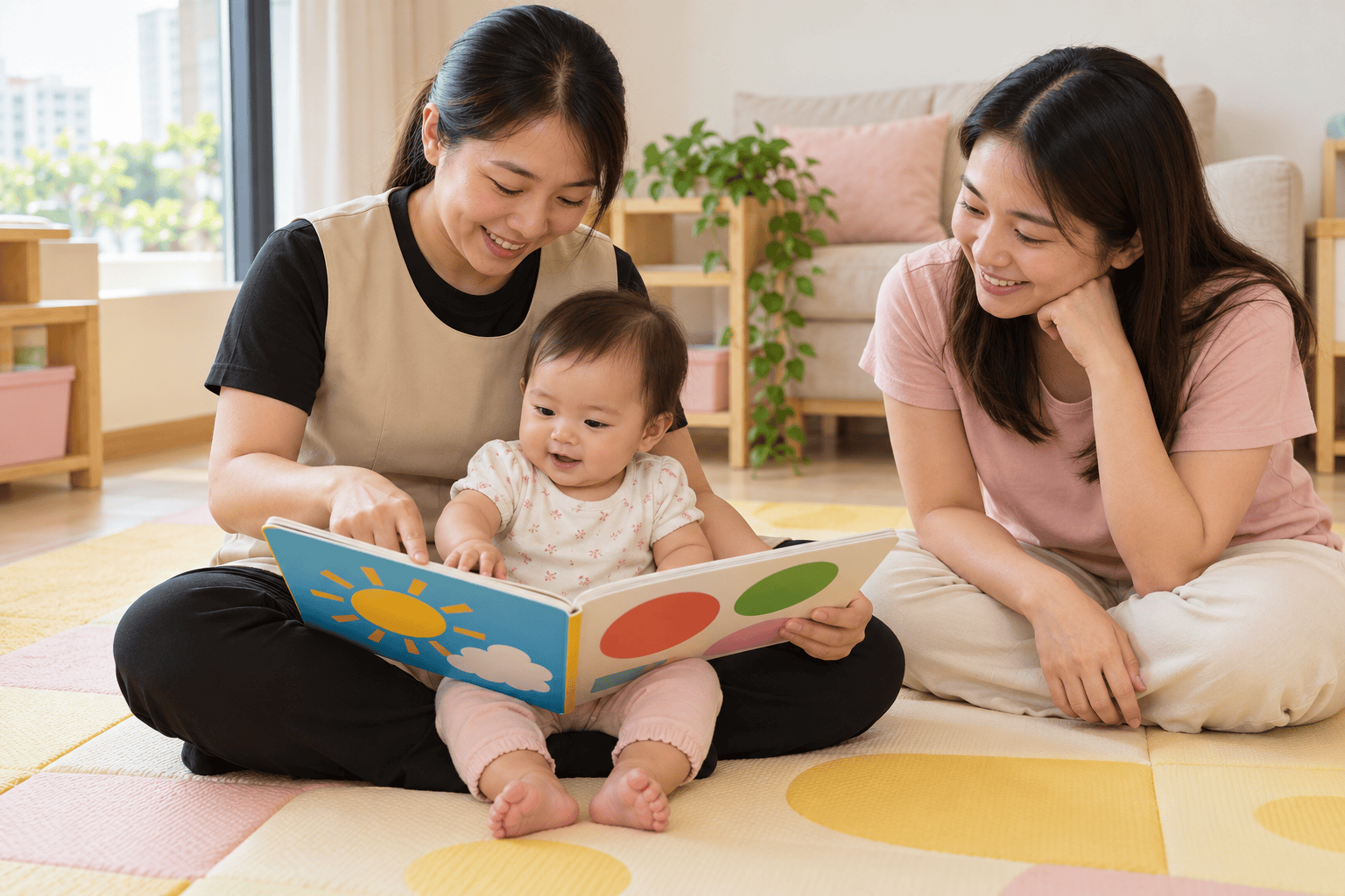 AI illustration of a childminder in a beige tunic over black short sleeves sharing a board book with an infant while a parent sits nearby