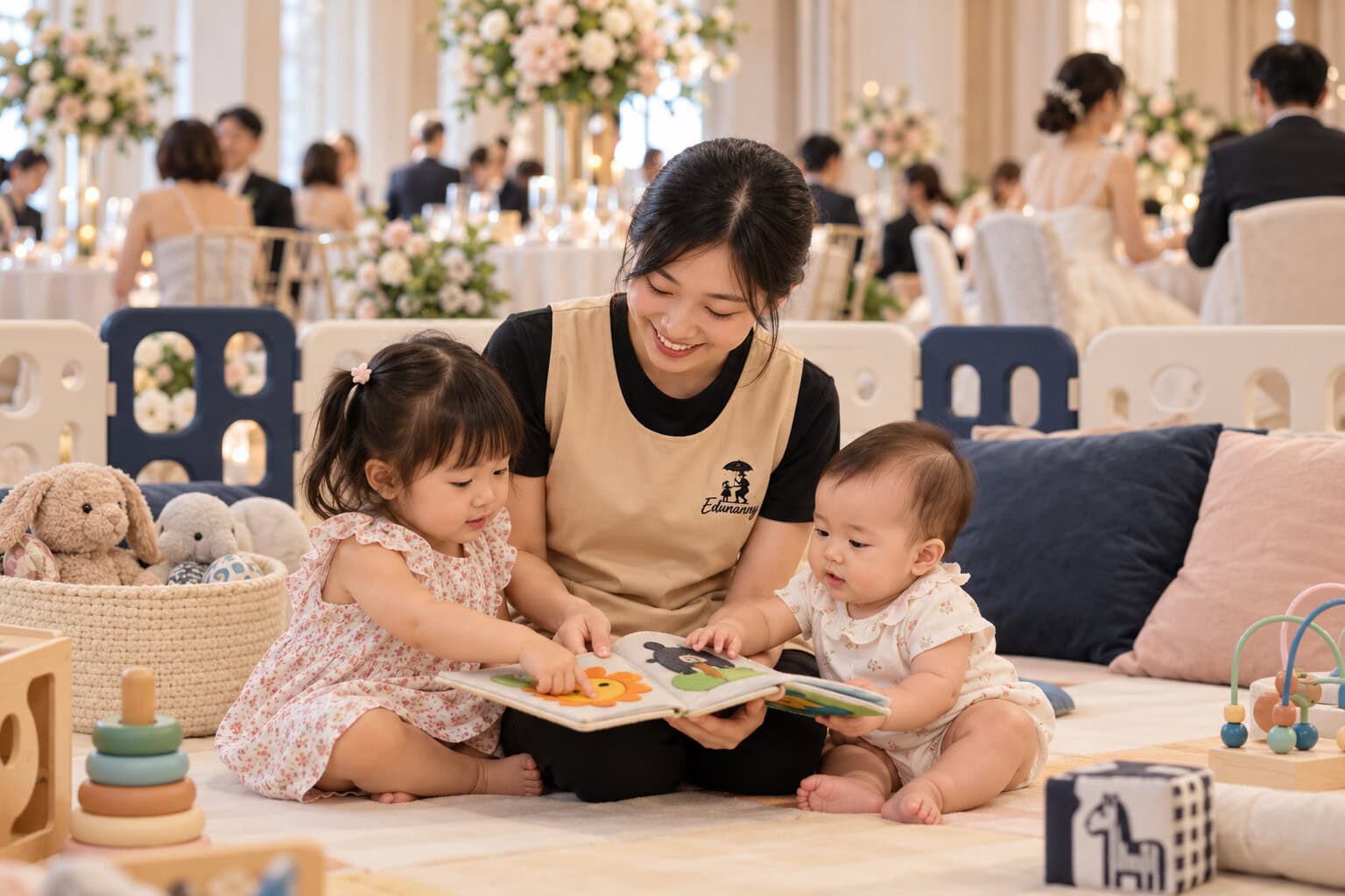 Illustrative scene of an EduNanny event nanny supervising an infant and toddler in a quiet event-care corner