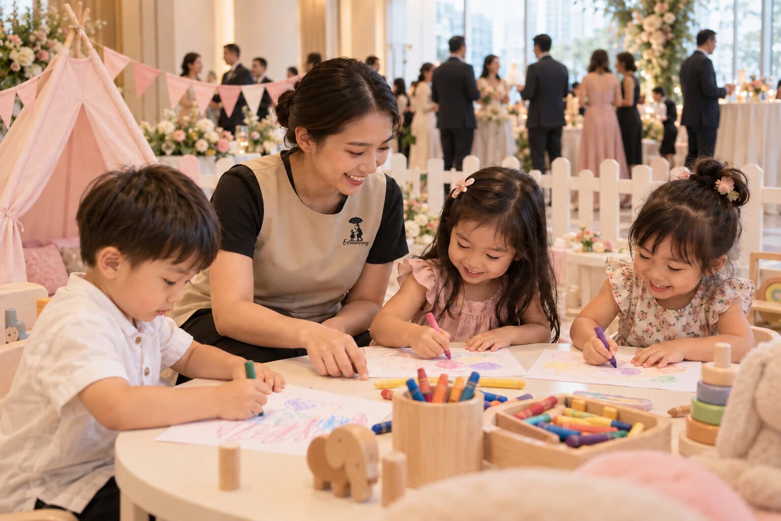 Illustrative scene of an EduNanny event nanny supervising children drawing at a family event