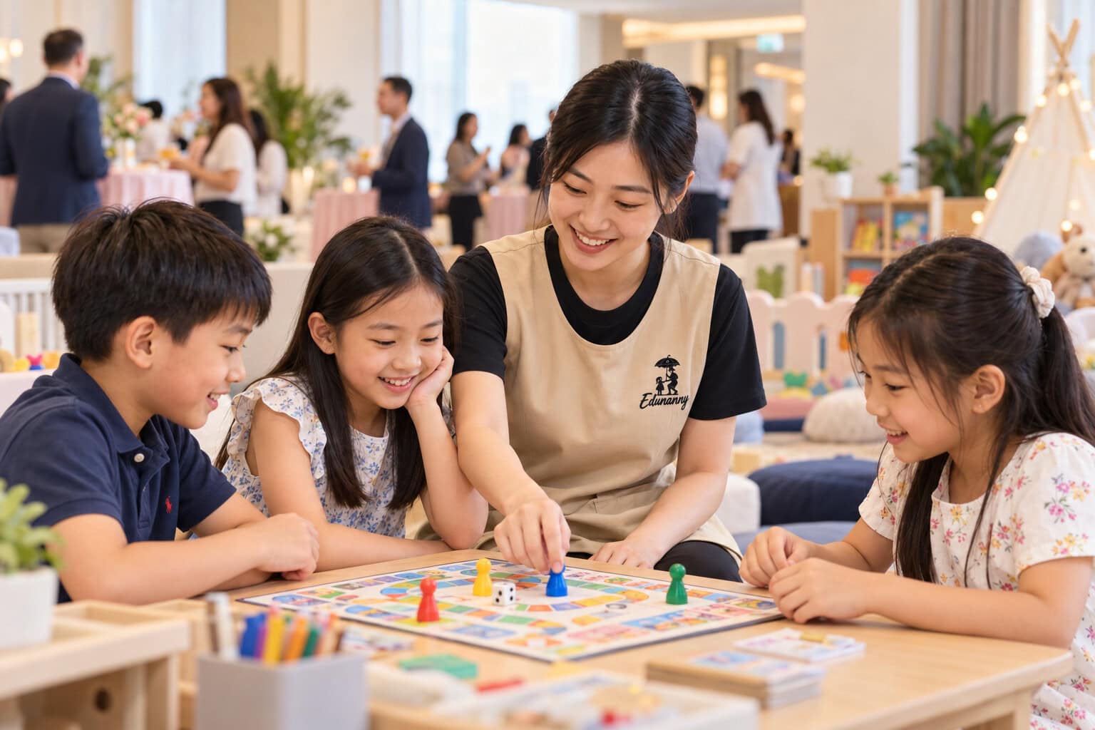Illustrative scene of an EduNanny event nanny guiding school-age children through a board game at a family event