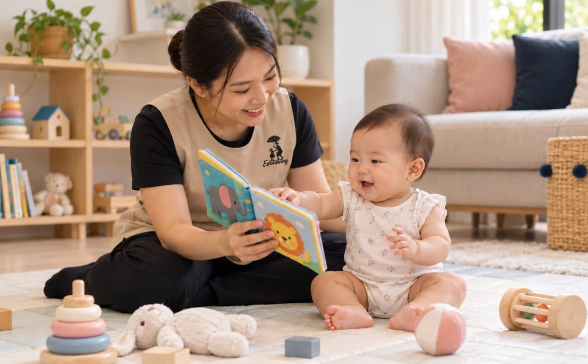 Illustrative scene of an EduNanny childminder sharing a picture book with an infant