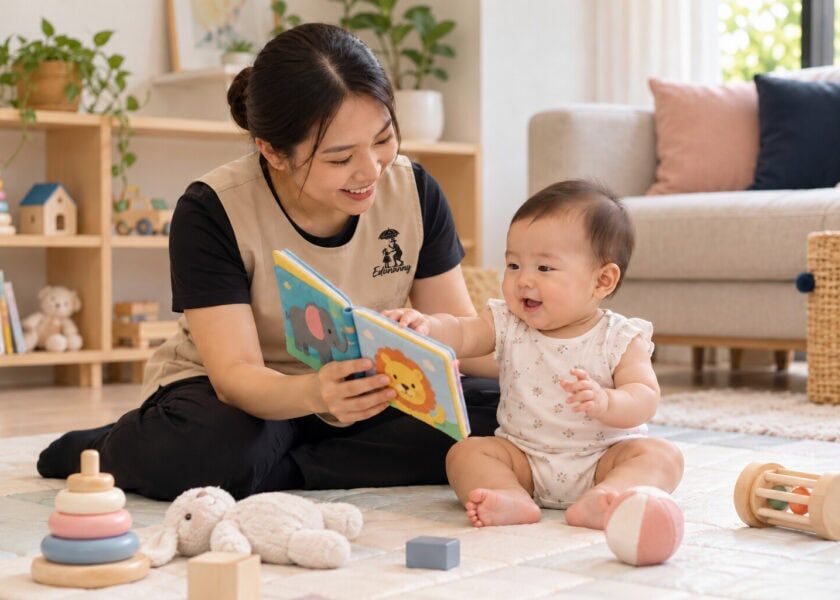 Illustrative scene of an EduNanny childminder sharing a picture book with an infant