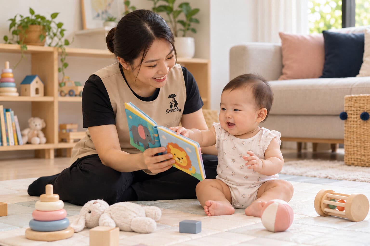 Illustrative scene of an EduNanny childminder sharing a picture book with an infant