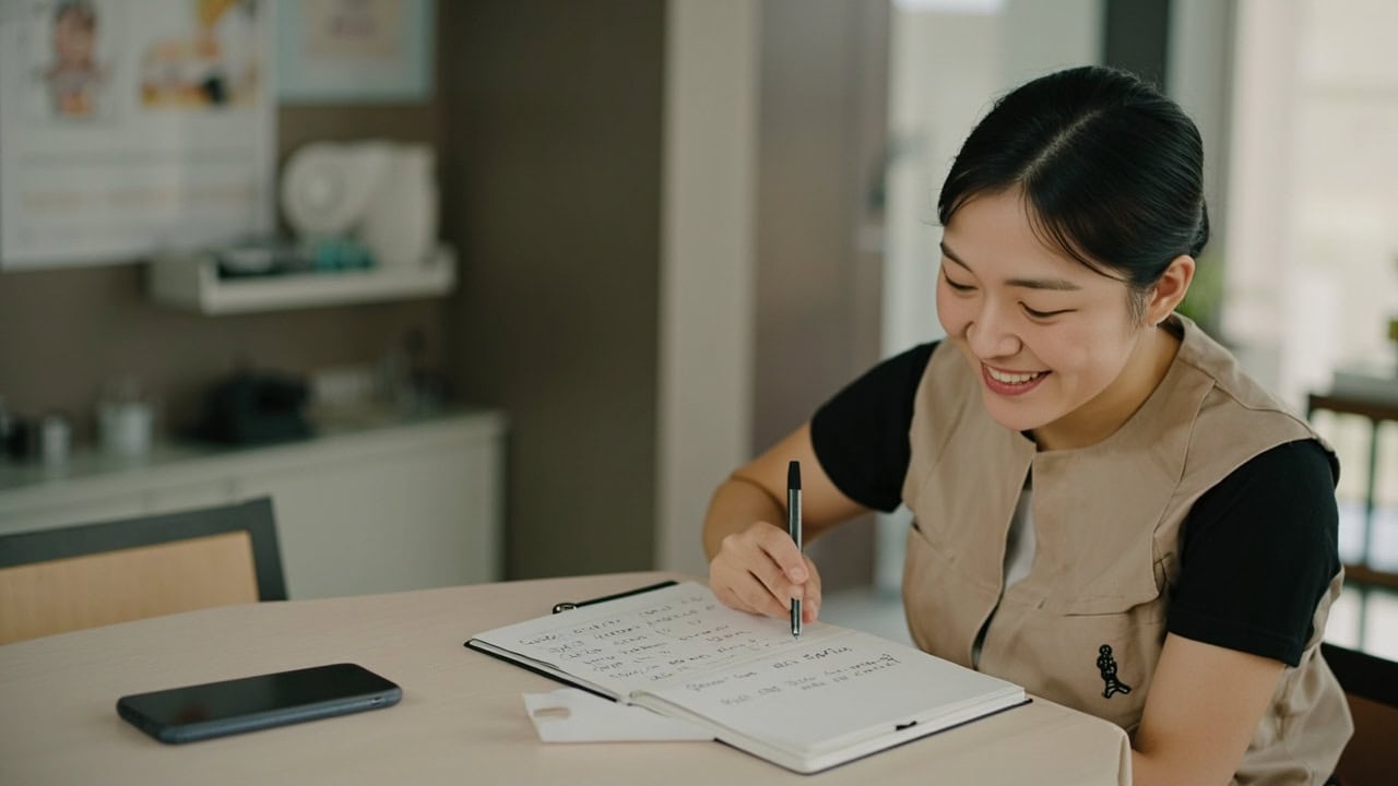 AI illustration of a parent reviewing handwritten camera questions beside a phone with a blank screen