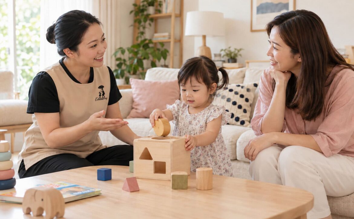 Illustrative scene of an EduNanny private nanny speaking with a parent while a toddler plays