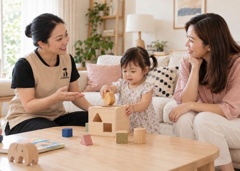 Illustrative scene of an EduNanny private nanny speaking with a parent while a toddler plays