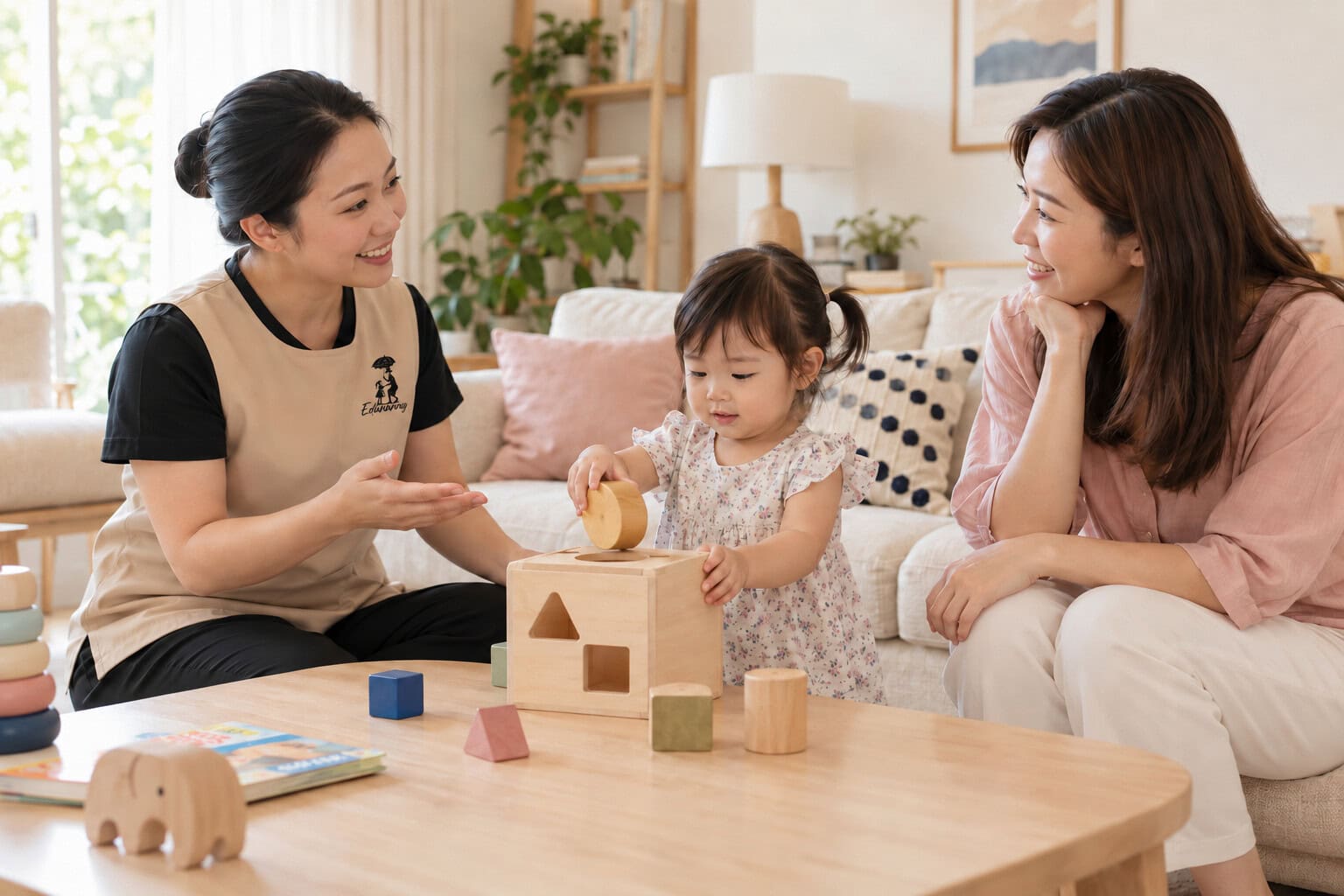 Illustrative scene of an EduNanny private nanny speaking with a parent while a toddler plays