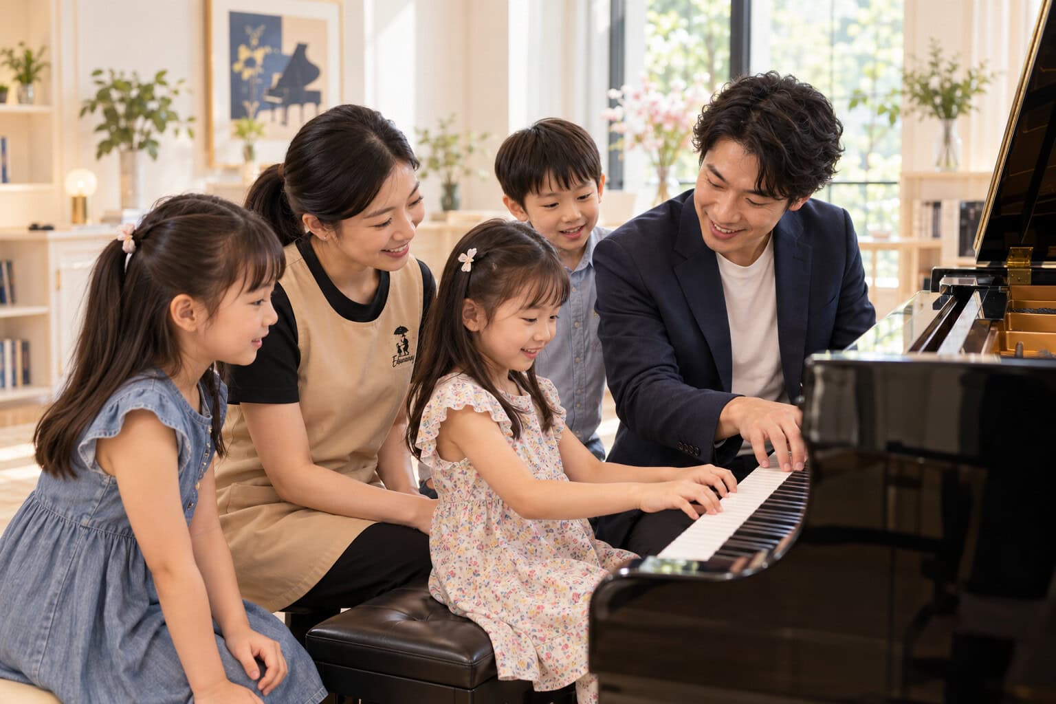 Illustrative scene of a guest pianist and an EduNanny facilitator guiding children in a small-group music workshop