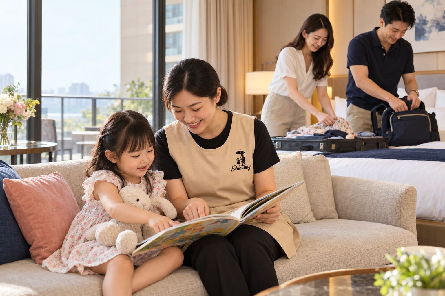 Illustrative scene of an EduNanny travel nanny sharing a book with a child while parents prepare in a hotel