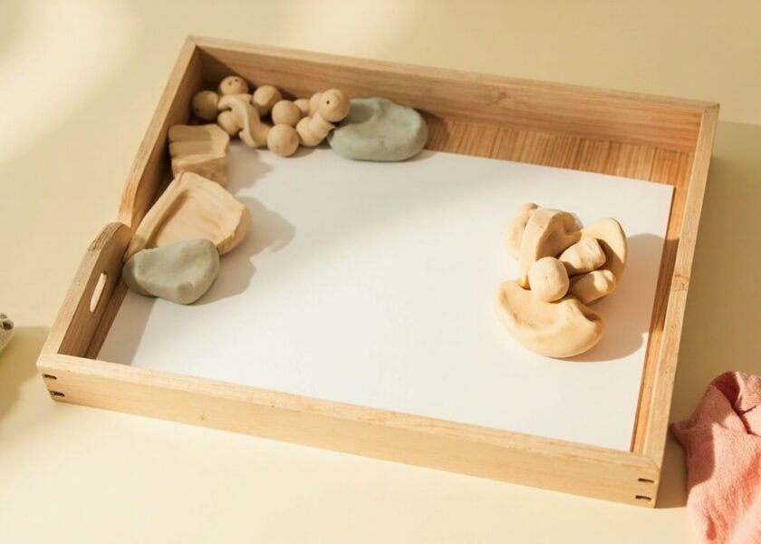 A wooden tray with blank paper, small wooden shapes and soft clay on a cream table, bordered by folded fabric.