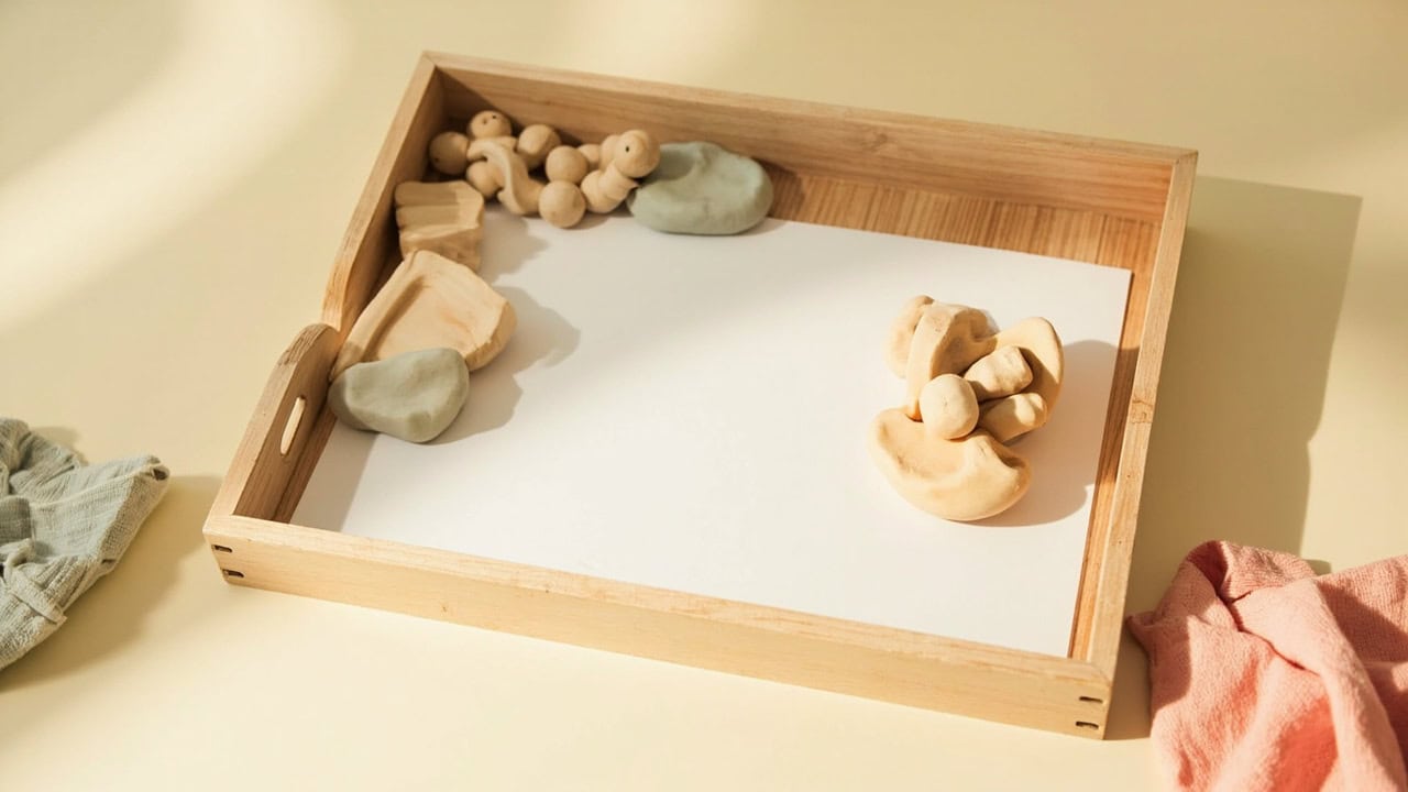 A wooden tray with blank paper, small wooden shapes and soft clay on a cream table, bordered by folded fabric.
