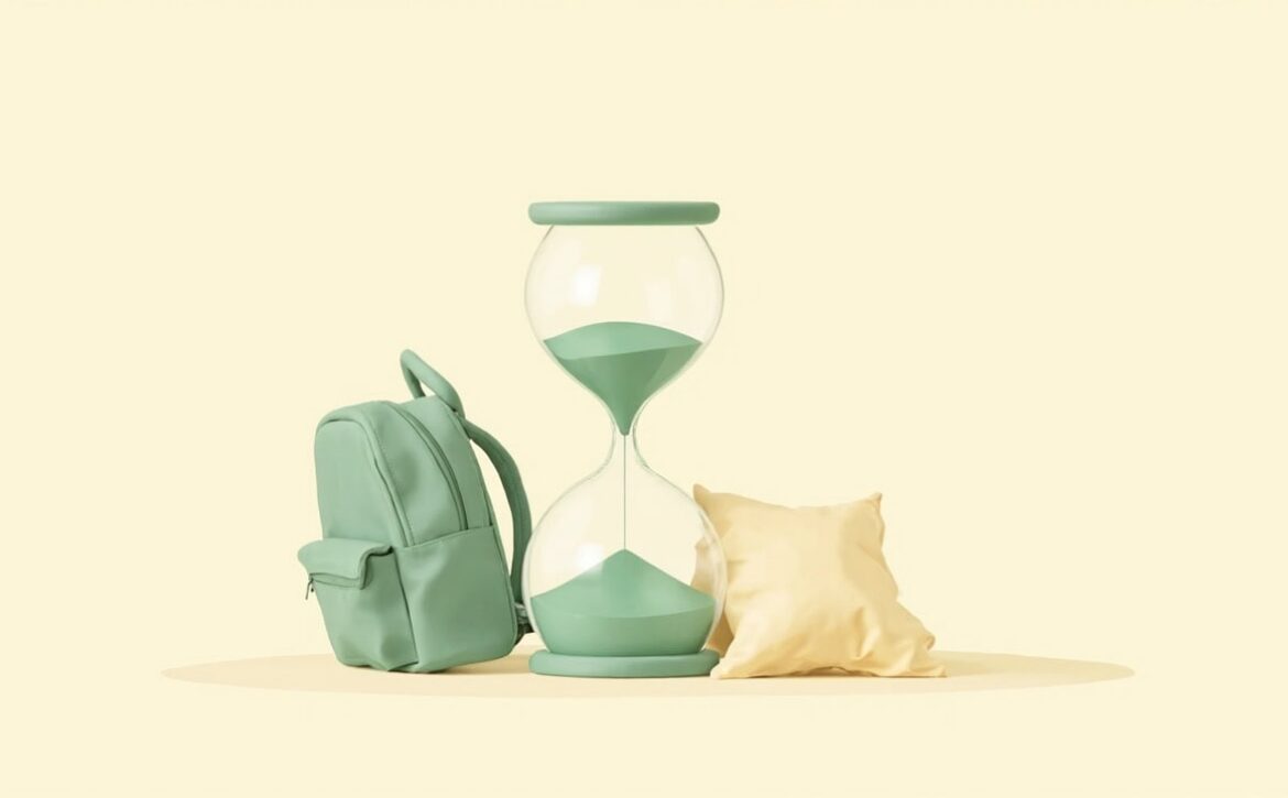Three-object still life of a muted-green backpack, clear hourglass with green sand, and cream pillow on ivory.