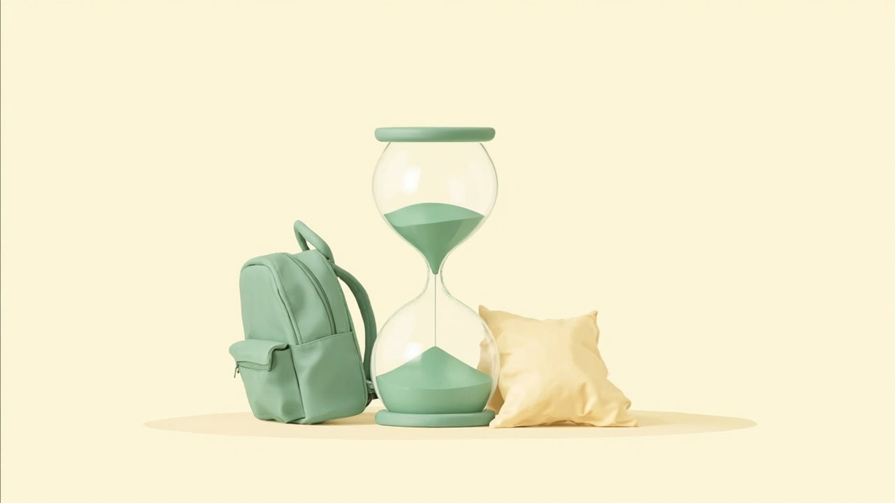 Three-object still life of a muted-green backpack, clear hourglass with green sand, and cream pillow on ivory.