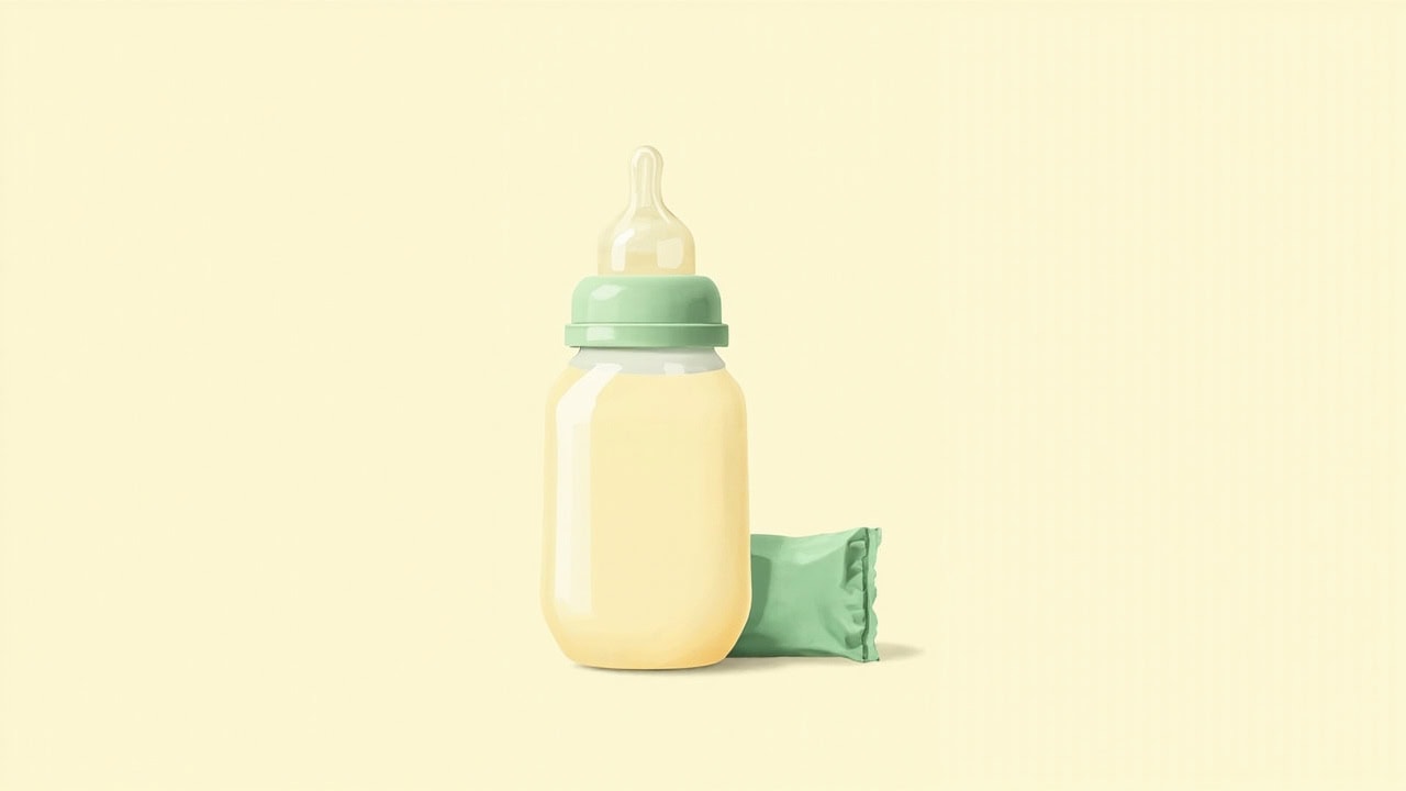 A stylised baby bottle filled with pale milk stands beside a sealed muted-green pack on a plain ivory background.