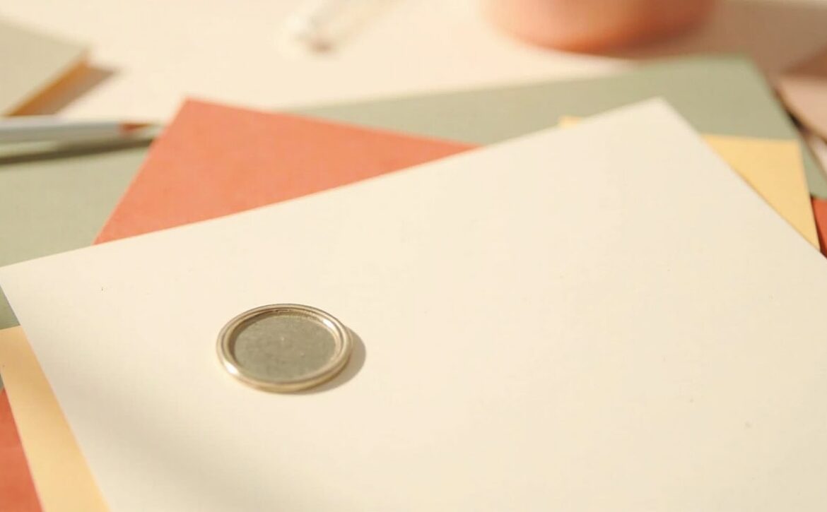 A plain silver badge rests on a cream document, with muted coral, yellow and sage papers arranged beneath in soft light.
