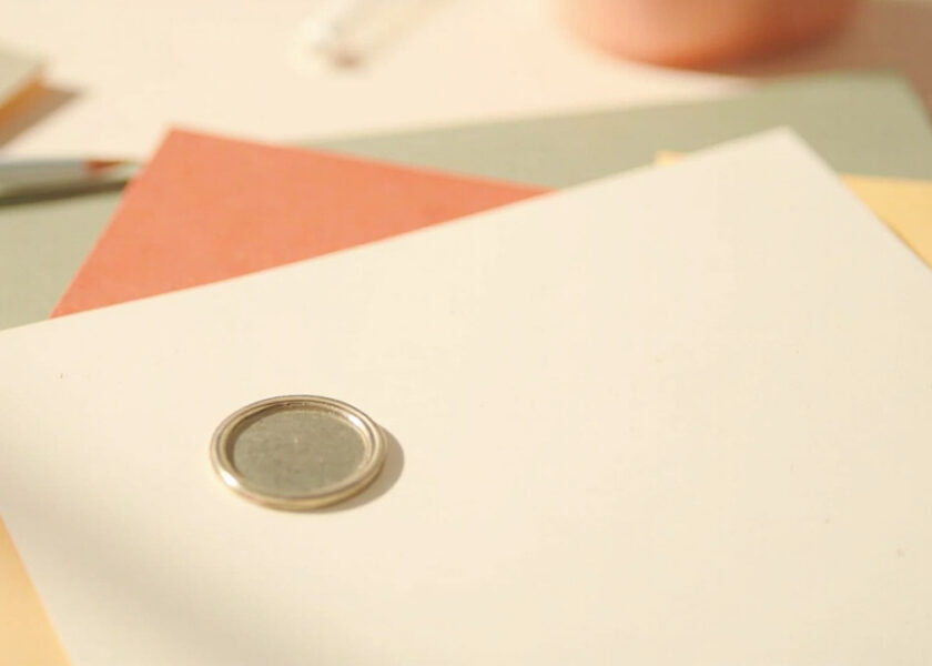 A plain silver badge rests on a cream document, with muted coral, yellow and sage papers arranged beneath in soft light.