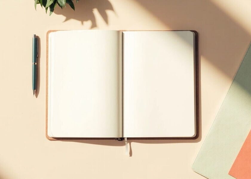 Overhead still life of a blank notebook, unmarked pen and layered folders on a warmly lit cream table.