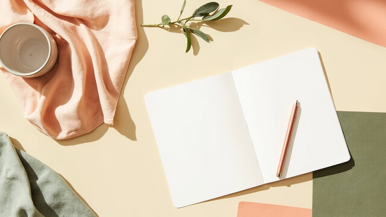 Overhead still life of a blank notebook and pencil on a cream tabletop, with a cup, folded fabrics and a green sprig.
