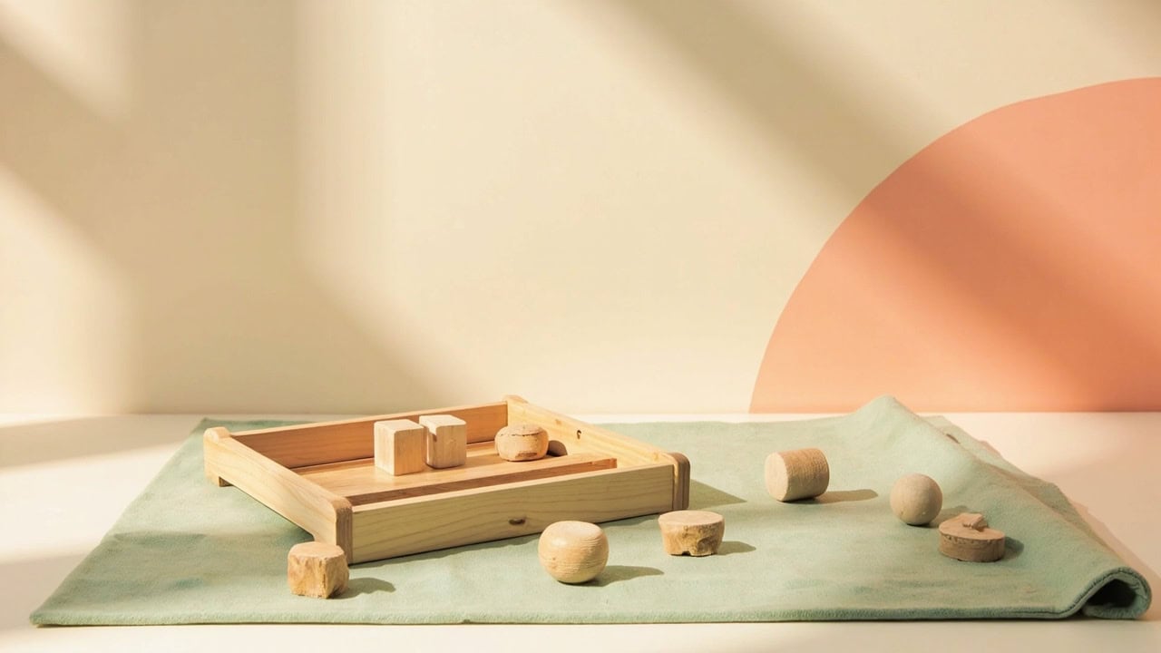 A wooden tray of unmarked blocks and round play pieces on a folded sage-green mat, framed by warm cream and coral.