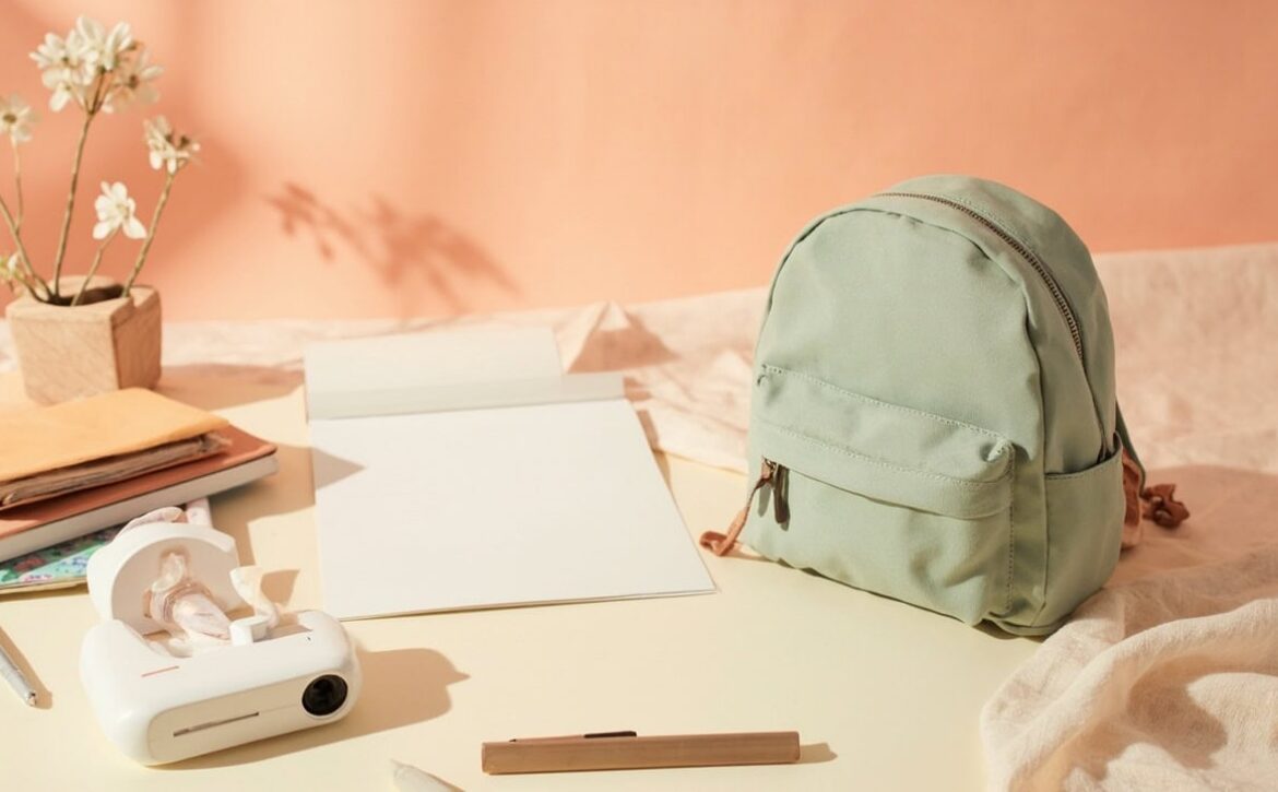 A sage-green child’s backpack, blank paper, notebooks, a pen and a small white toy camera arranged on a warm ivory desk.
