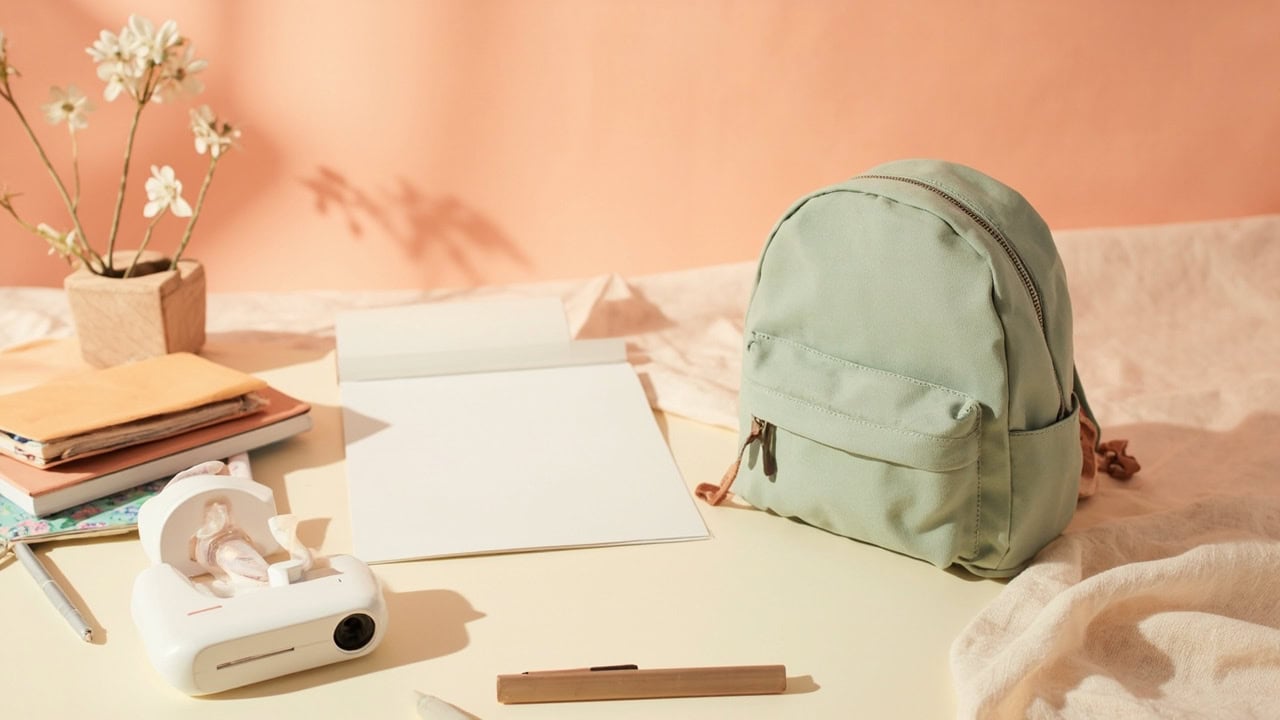 A sage-green child’s backpack, blank paper, notebooks, a pen and a small white toy camera arranged on a warm ivory desk.