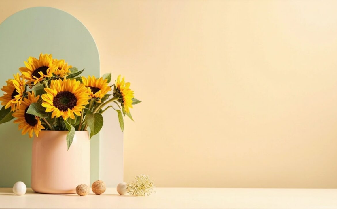 A pale peach vase of sunflowers sits on a light table beside a sage arch, with broad cream negative space.