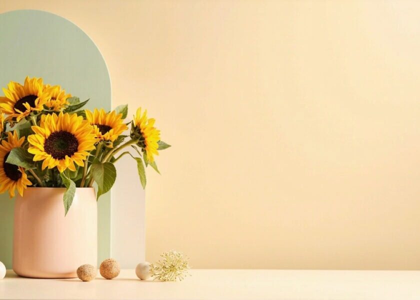 A pale peach vase of sunflowers sits on a light table beside a sage arch, with broad cream negative space.
