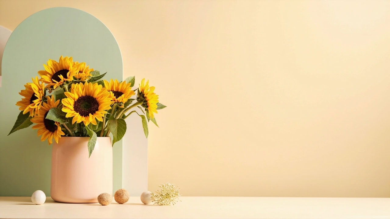 A pale peach vase of sunflowers sits on a light table beside a sage arch, with broad cream negative space.