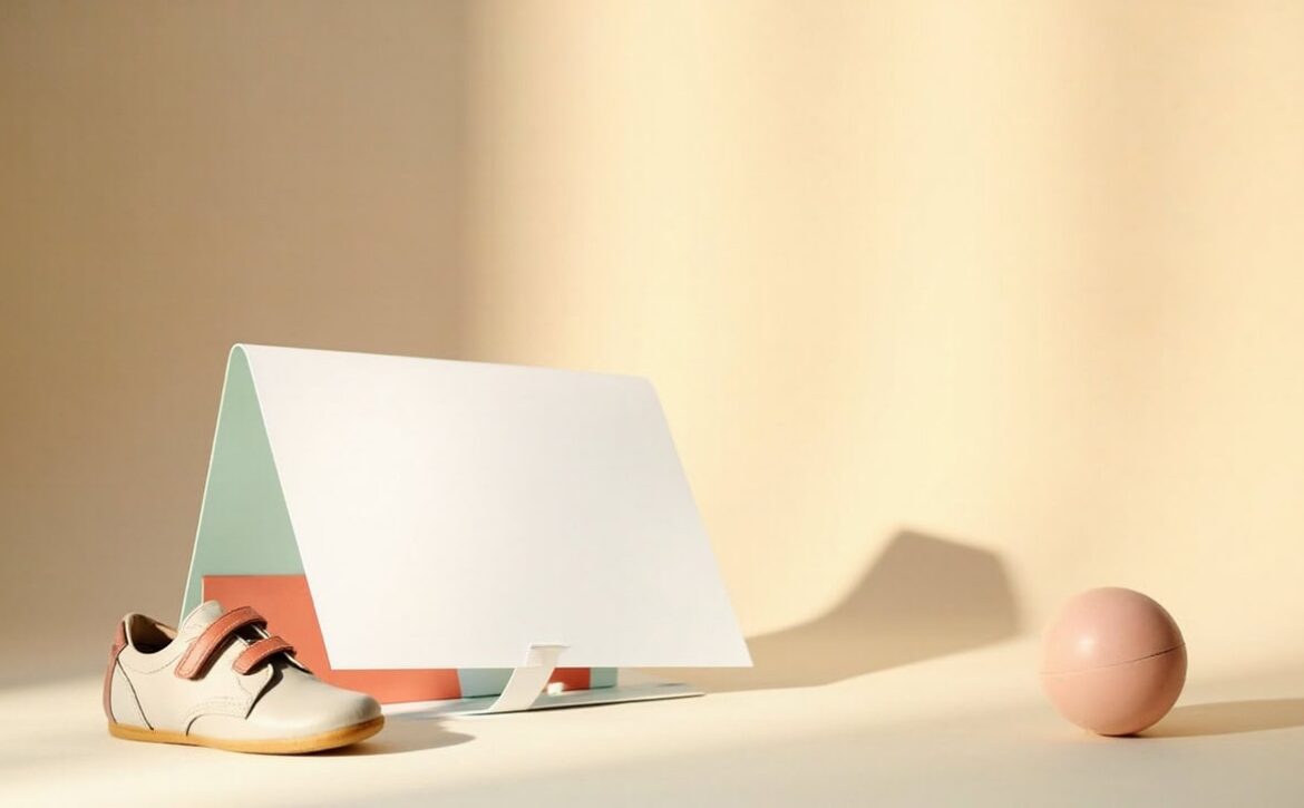 Blank folded folder, a small child's shoe and a peach ball arranged on a warm cream tabletop in soft light.