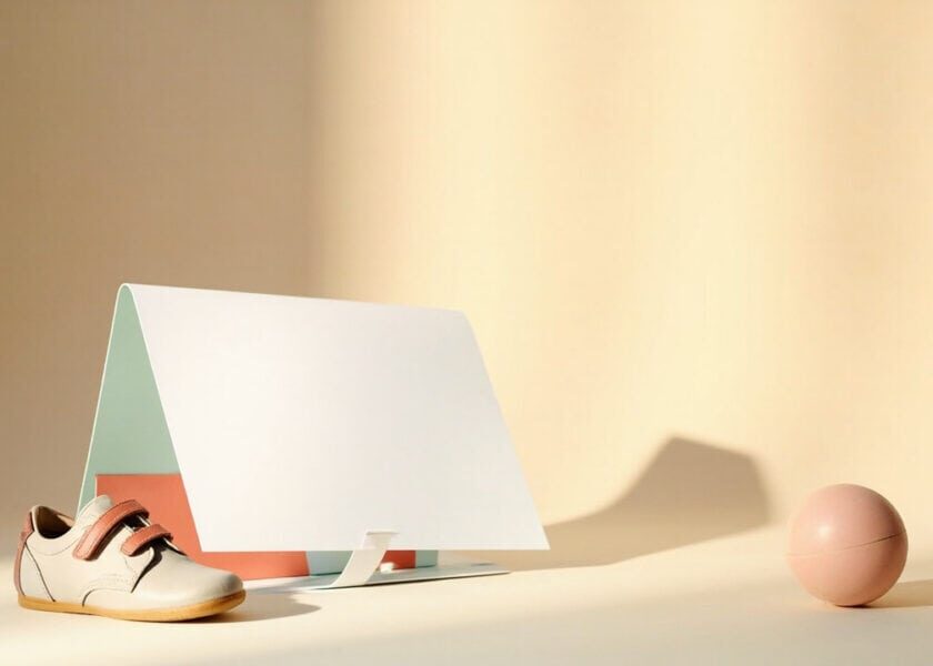 Blank folded folder, a small child's shoe and a peach ball arranged on a warm cream tabletop in soft light.