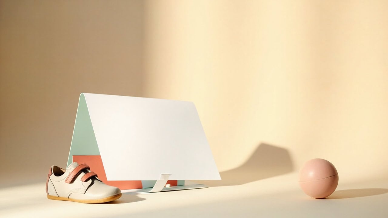 Blank folded folder, a small child's shoe and a peach ball arranged on a warm cream tabletop in soft light.