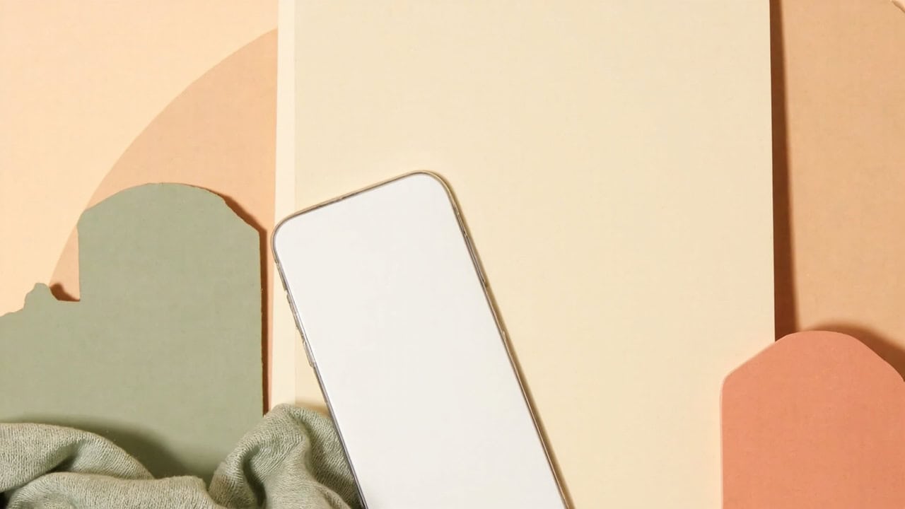 A blank smartphone rests on sage fabric beside a cream folder and muted abstract arch-shaped forms.
