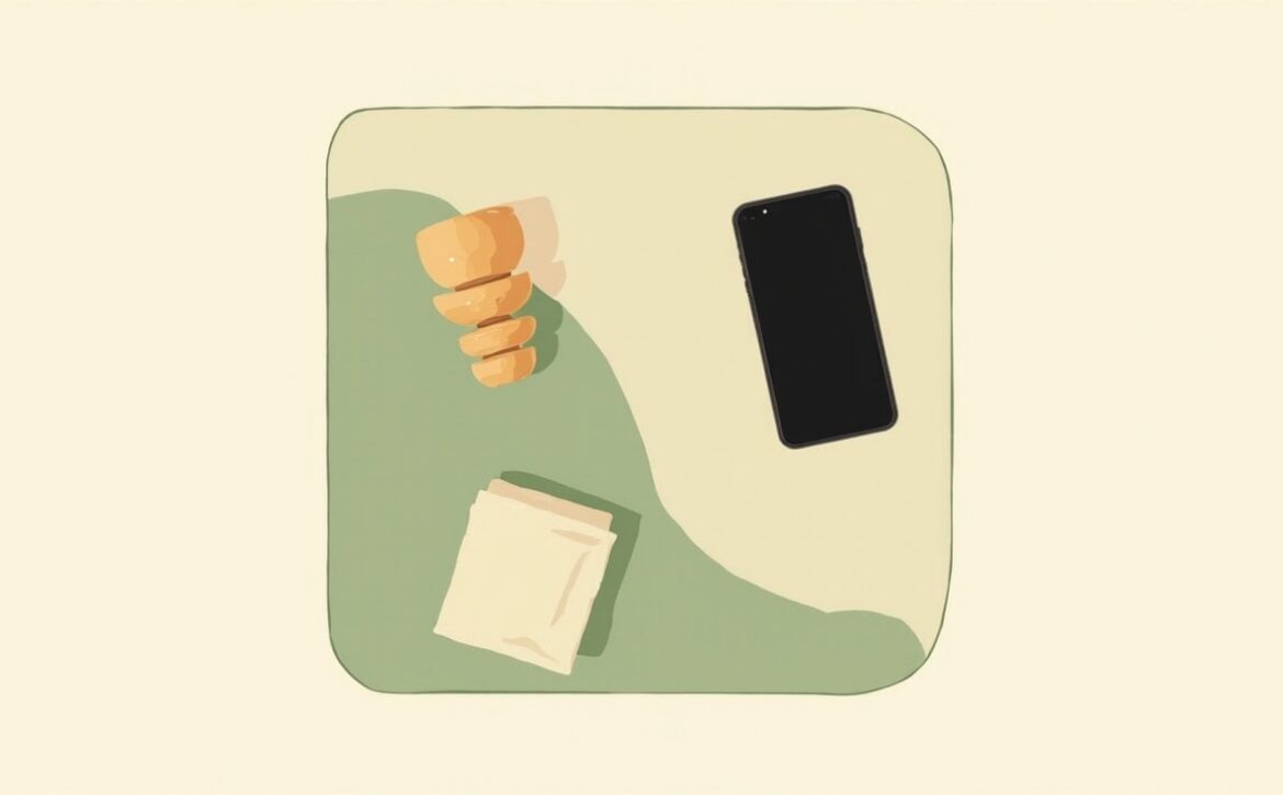 Top-down illustration of a blank phone, an orange stacking-ring toy and a folded cream cloth on a muted-green play mat.