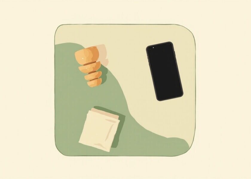 Top-down illustration of a blank phone, an orange stacking-ring toy and a folded cream cloth on a muted-green play mat.
