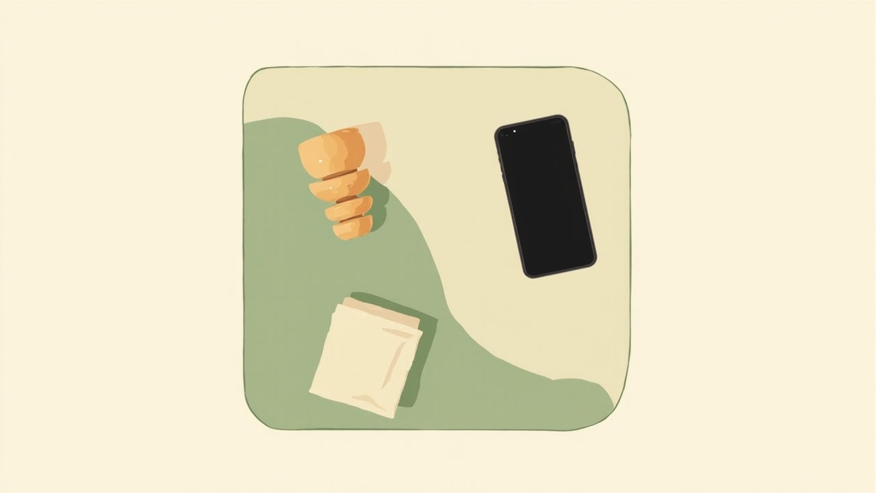 Top-down illustration of a blank phone, an orange stacking-ring toy and a folded cream cloth on a muted-green play mat.