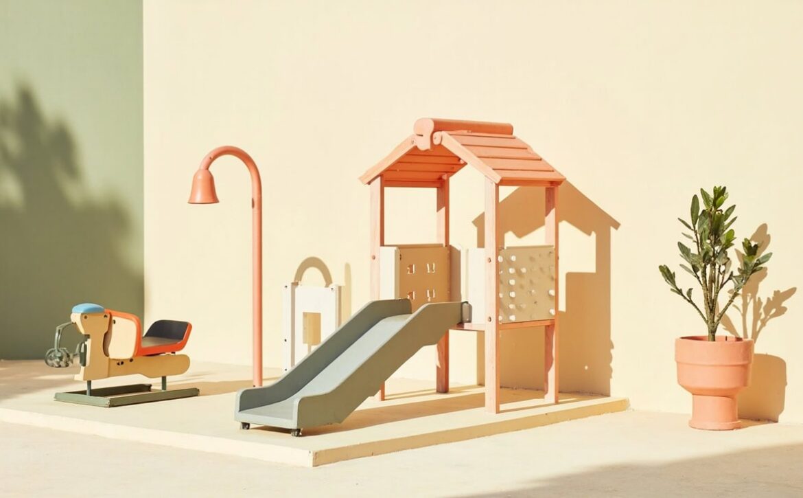 A stylised, empty play area with a low slide, climbing frame, spring rider, curved lamp and potted plants.