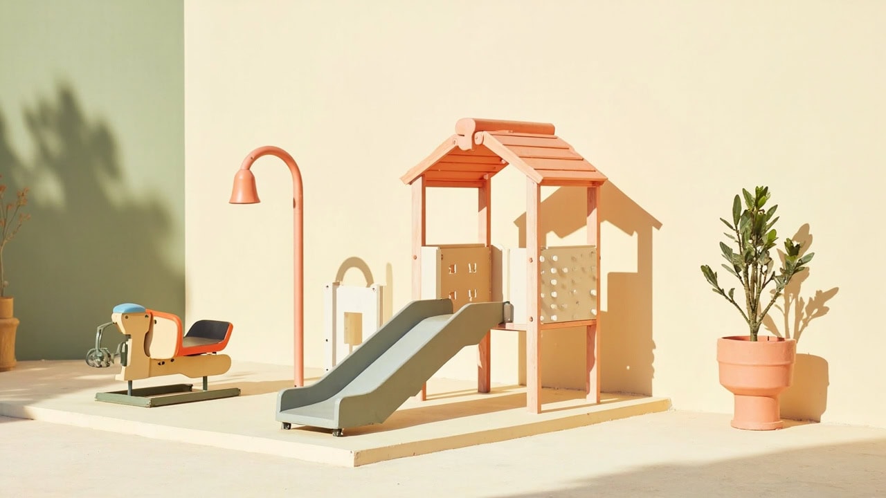 A stylised, empty play area with a low slide, climbing frame, spring rider, curved lamp and potted plants.